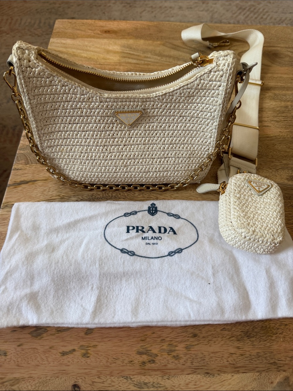 Prada Cream Woven Shoulder Bag with Gold Chain and Logo